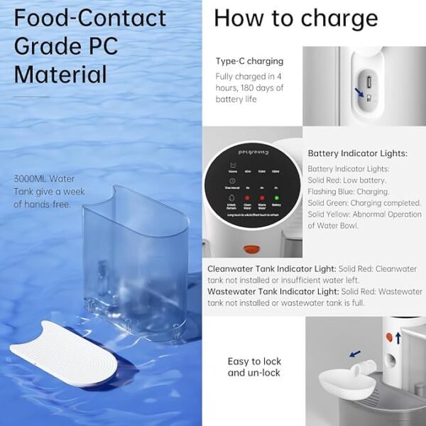 Smart Pet Water Fountain, 105oz/3L Rechargeable Automatic Water Dispenser for Cats and Dogs, Large Capacity Wireless Cat Water Fountain, Innovative Pet Gravity Water Dispenser for Pets - Image 3